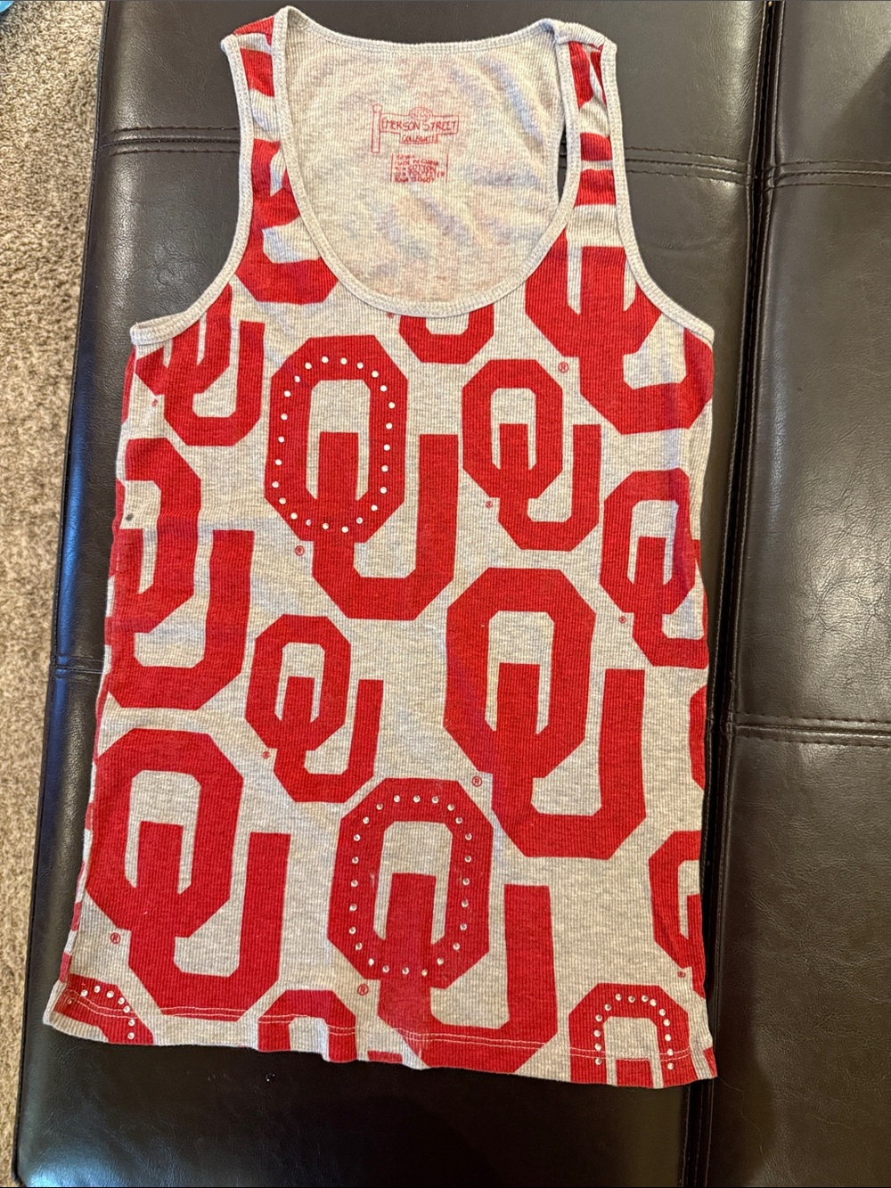 Girls' OU Logo Red & Gray Tank Top - Letterman Style with rhinestone accents!